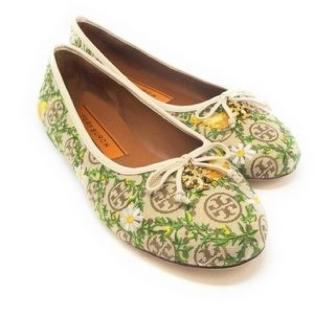 TORY BURCH T MONOGRAM CHARM CANVAS LEATHER EMBROIDERED BALLET SHOES